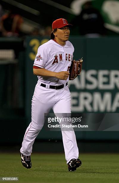 Hideki Matsui of the Los Angeles Angels of Anaheim plays in left field against the Minnesota Twins on April 8, 2010 at Angel Stadium in Anaheim,...