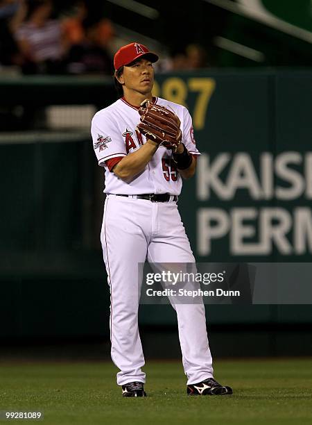 Hideki Matsui of the Los Angeles Angels of Anaheim plays in left field against the Minnesota Twins on April 8, 2010 at Angel Stadium in Anaheim,...