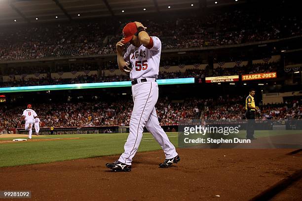 Hideki Matsui of the Los Angeles Angels of Anaheim walks to his position in left field against the Minnesota Twins on April 8, 2010 at Angel Stadium...