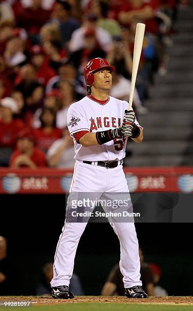 Hideki Matsui of the Los Angeles Angels of Anaheim bats against the Minnesota Twins on April 8, 2010 at Angel Stadium in Anaheim, California.