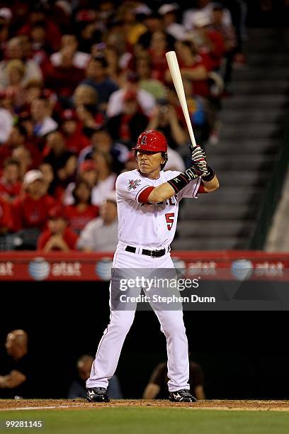 Hideki Matsui of the Los Angeles Angels of Anaheim bats against the Minnesota Twins on April 8, 2010 at Angel Stadium in Anaheim, California.