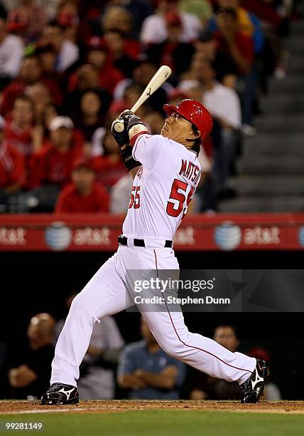 Hideki Matsui of the Los Angeles Angels of Anaheim bats against the Minnesota Twins on April 8, 2010 at Angel Stadium in Anaheim, California.