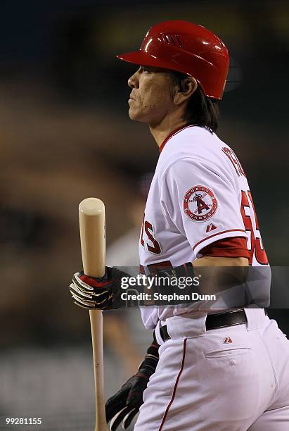 Hideki Matsui of the Los Angeles Angels of Anaheim bats against the Minnesota Twins on April 8, 2010 at Angel Stadium in Anaheim, California.