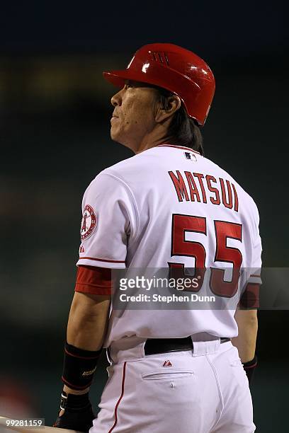 Hideki Matsui of the Los Angeles Angels of Anaheim bats against the Minnesota Twins on April 8, 2010 at Angel Stadium in Anaheim, California.