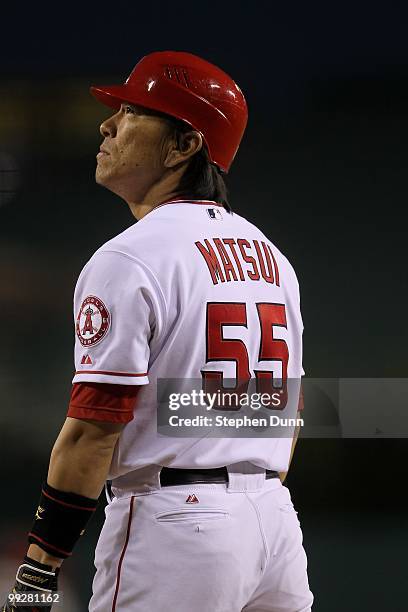 Hideki Matsui of the Los Angeles Angels of Anaheim bats against the Minnesota Twins on April 8, 2010 at Angel Stadium in Anaheim, California.