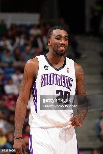 Donte Greene of the Sacramento Kings looks on with a smile during the game against the Los Angeles Clippers at Arco Arena on April 8, 2010 in...