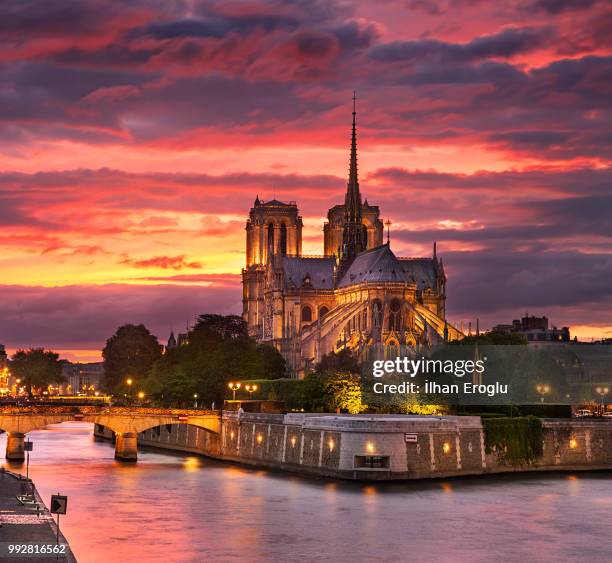 notre dame cathedral at sunset, paris, france - v notre dame stock pictures, royalty-free photos & images