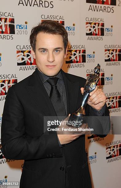 Jack Lieback poses with the Young British Classical Performer of the Year award in the winners room at the Classical BRIT Awards at Royal Albert Hall...