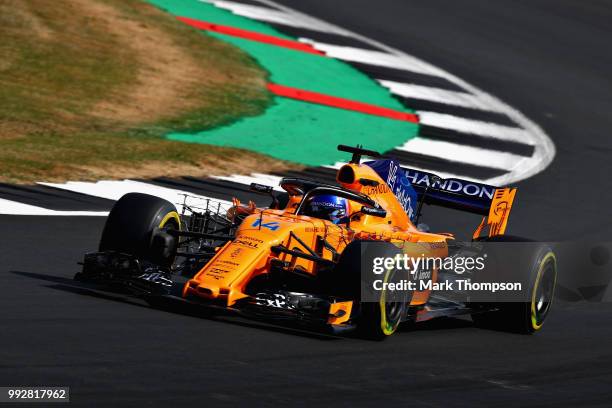 Fernando Alonso of Spain driving the McLaren F1 Team MCL33 Renault on track during practice for the Formula One Grand Prix of Great Britain at...