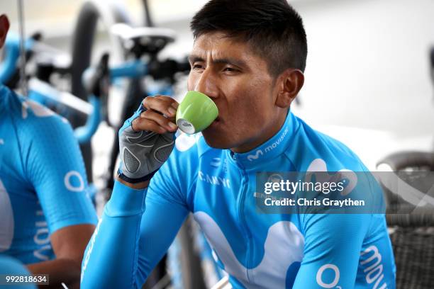 Nairo Quintana of Colombia and Movistar Team / Team stopped for a coffee in Chemiliie City / during the 105th Tour de France 2018, Training / TDF /...