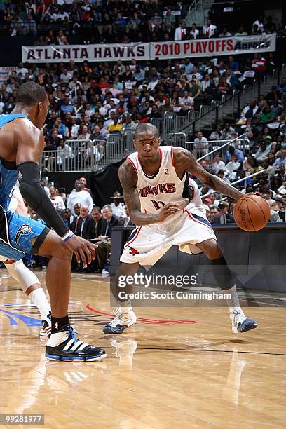 Jamal Crawford of the Atlanta Hawks drives to the basket in Game Four of th Eastern Conference Semifinals against the Orlando Magic during the 2010...