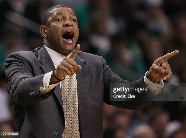 Head coach Doc Rivers of the Boston Celtics directs his players in the first half against the Cleveland Cavaliers during Game Six of the Eastern...