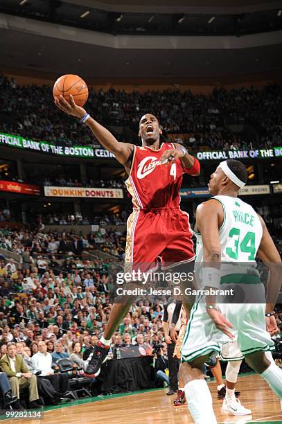 Antawn Jamison of the Cleveland Cavaliers shoots against Paul Pierce of the Boston Celtics in Game Six of the Eastern Conference Semifinals during...