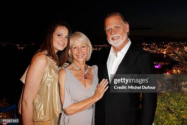 Helen Mirren , her niece Natacha and Taylor Hackford attend the Chopard Trophy party at the Hotel Martinez during the 63rd Annual Cannes Film...