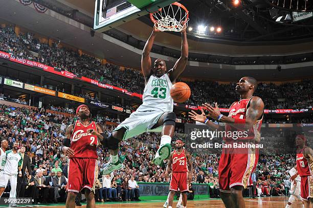 Kendrick Perkins of the Boston Celtics dunks the ball during the game against the Cleveland Cavaliers in Game Six of the Eastern Conference...