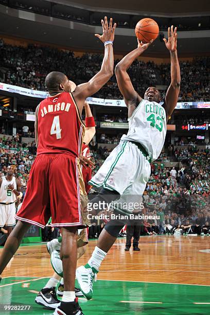 Kendrick Perkins of the Boston Celtics takes a shot in the lane against Antawn Jamison of the Cleveland Cavaliers in Game Six of the Eastern...