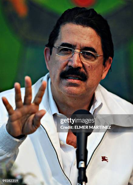 Honduran deposed President Manuel Zelaya gives a press conference after a meeting with Nicaraguan President Daniel Ortega at the presidential house...