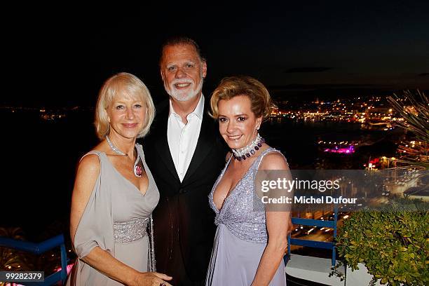 Helen Mirren, Taylor Hackford and Caroline Gruosi Scheufele attend the Chopard Trophy party at the Hotel Martinez during the 63rd Annual Cannes Film...