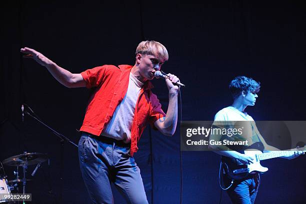 Jonathan Pierce and Adam Kessler of The Drums perform in support of Florence and the Machine at Hammersmith Apollo on May 13, 2010 in London, England.