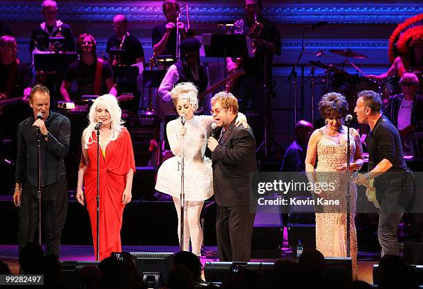 Sting, Debbie Harry, Lady Gaga, Elton John, Dame Shirley Bassey and Bruce Springsteen perform on stage during the Almay concert to celebrate the...