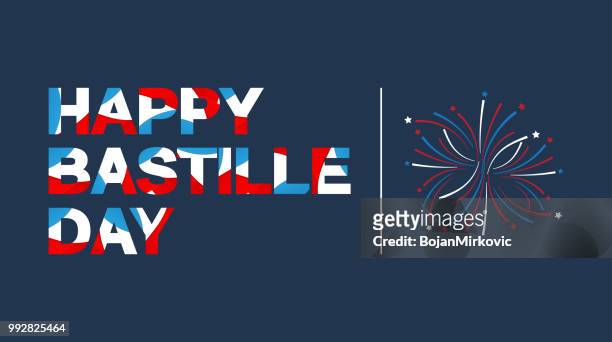 glücklich tag der bastille banner schriftzug in der französischen flagge farbe. vektor-illustration. - franzose stock-grafiken, -clipart, -cartoons und -symbole