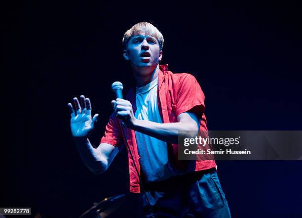 Jonathan Pierce of The Drums performs at the Hammersmith Apollo on May 13, 2010 in London, England.