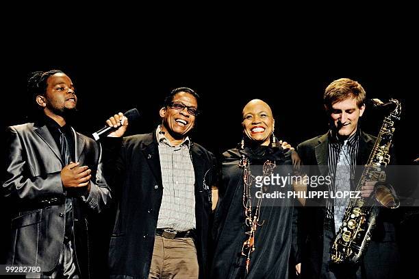Dee Dee Bridgewater and Herbie Hancock greet the crowd after a concert at the entertainment hall of the World Expo 2010 in Shanghai on late May 13,...