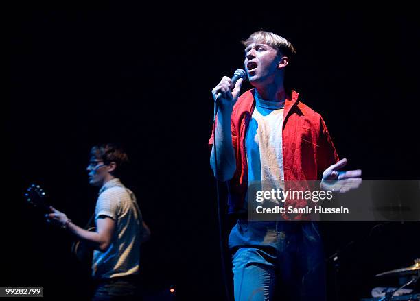 Jonathan Pierce of The Drums performs at the Hammersmith Apollo on May 13, 2010 in London, England.