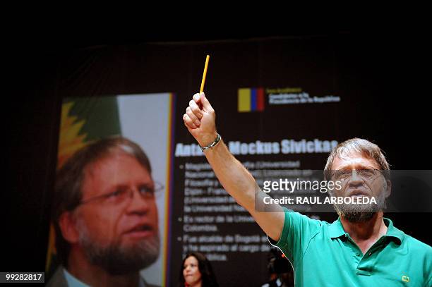 Colombian presidential candidate for the Green Party, Antanas Mockus, speaks during a rally in Medellin, Antioquia department, Colombia on May 13,...