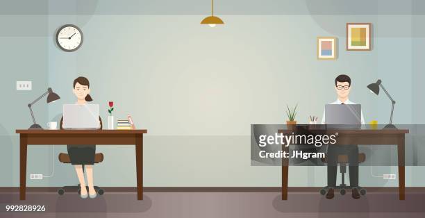 man and woman, in the office - library interior stock illustrations