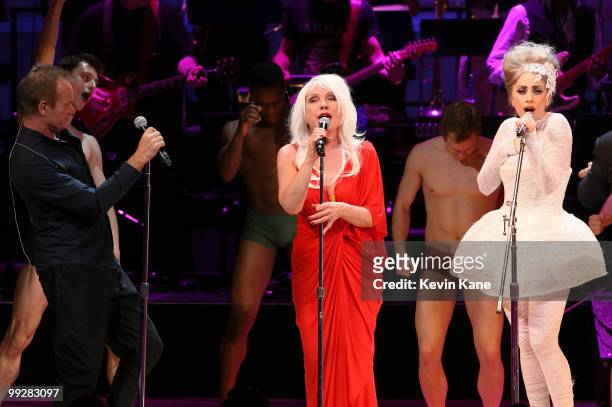 Sting, Debbie Harry and Lady Gaga perform on stage during the Almay concert to celebrate the Rainforest Fund's 21st birthday at Carnegie Hall on May...