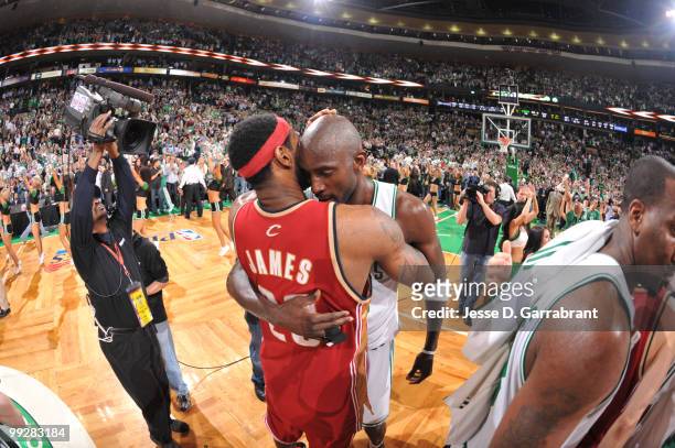 Kevin Garnett of the Boston Celtics and LeBron James of the Cleveland Cavaliers shake hands in Game Six of the Eastern Conference Semifinals during...