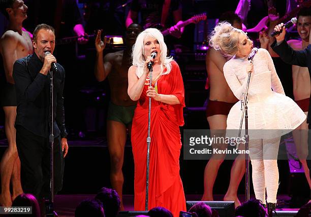 Sting, Debbie Harry and Lady Gaga perform on stage during the Almay concert to celebrate the Rainforest Fund's 21st birthday at Carnegie Hall on May...