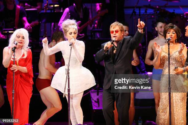 Debbie Harry, Lady Gaga, Elton John and Dame Shirley Bassey perform on stage during the Almay concert to celebrate the Rainforest Fund's 21st...