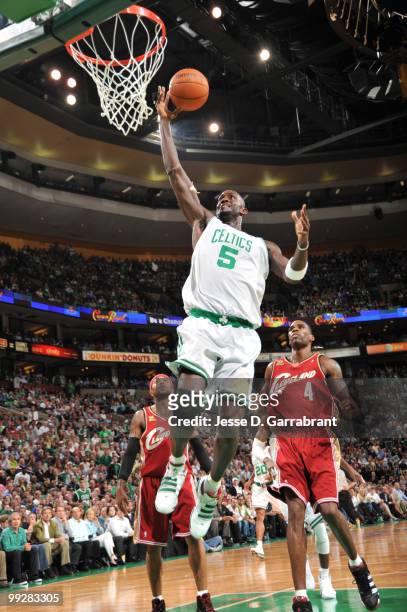 Kevin Garnett of the Boston Celtics shoots against Antawn Jamison of the Cleveland Cavaliers in Game Six of the Eastern Conference Semifinals during...