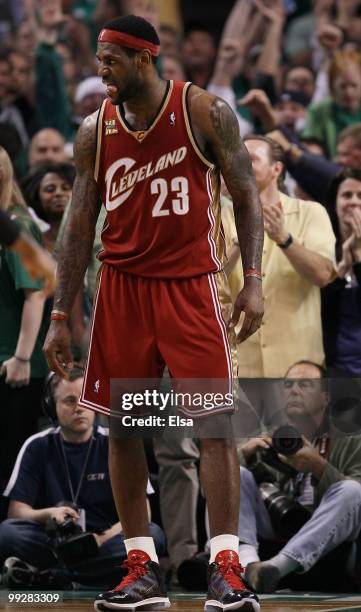 LeBron James of the Cleveland Cavaliers looks to the bench late in the fourth quarter against the Boston Celtics during Game Six of the Eastern...