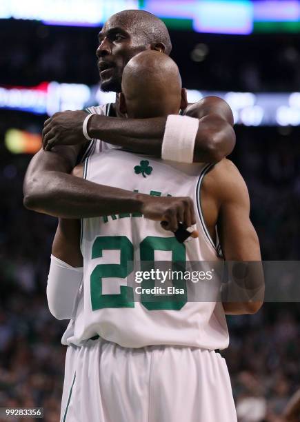 Kevin Garnett and Ray Allen of the Boston Celtics celebrate the win over the Cleveland Cavaliers after Game Six of the Eastern Conference Semifinals...