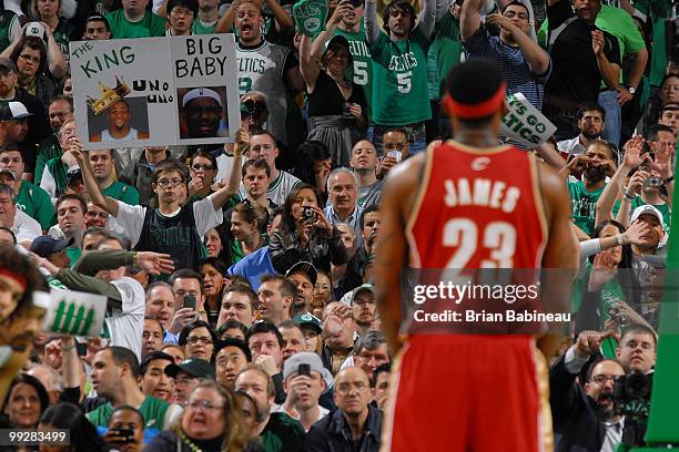 LeBron James of the Cleveland Cavaliers takes a foul shot during the game against the Boston Celtics in Game Six of the Eastern Conference Semifinals...