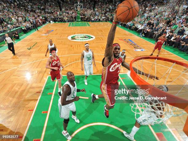 LeBron James of the Cleveland Cavaliers dunks against the Boston Celtics in Game Six of the Eastern Conference Semifinals during the 2010 NBA...