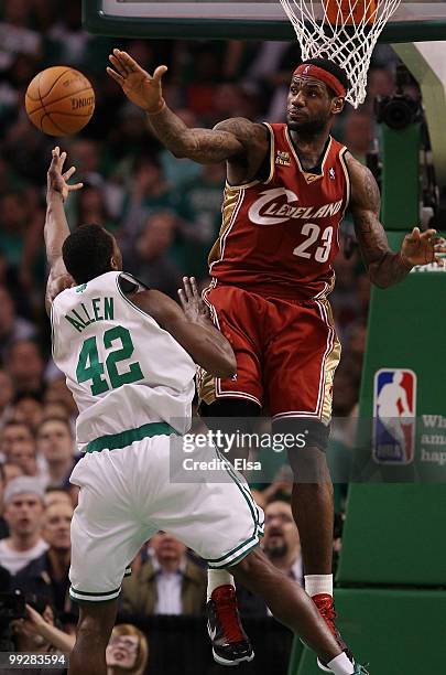LeBron James of the Cleveland Cavaliers tries to block a shot by Tony Allen of the Boston Celtics during Game Six of the Eastern Conference...