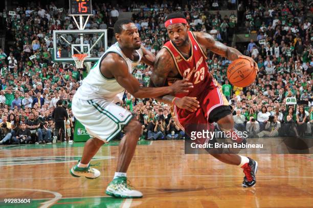LeBron James of the Cleveland Cavaliers drives to the basket against Tony Allen of the Boston Celtics in Game Six of the Eastern Conference...