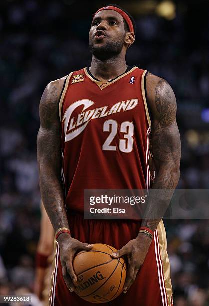 LeBron James of the Cleveland Cavaliers prepares to shoot a free throw in the fourth quarter against the Boston Celtics during Game Six of the...