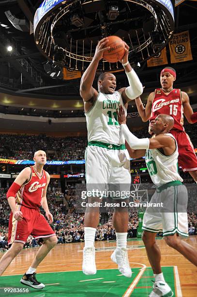 Glen Davis of the Boston Celtics rebounds against Jamario Moon of the Cleveland Cavaliers in Game Six of the Eastern Conference Semifinals during the...