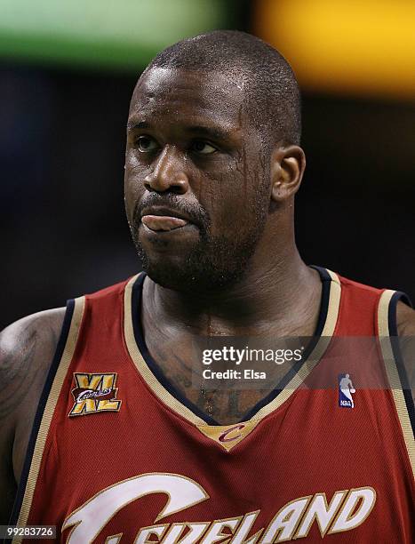 Shaquille O'Neal of the Cleveland Cavaliers waits to shoot a free throw in the fourth quarter against the Boston Celtics during Game Six of the...