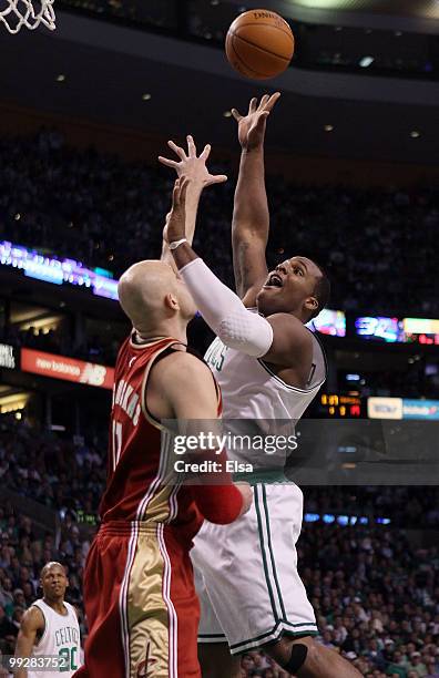 Glen Davis of the Boston Celtics takes a shot as Zydrunas Ilgauskas of the Cleveland Cavaliers defends during Game Six of the Eastern Conference...