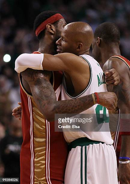 Ray Allen of the Boston Celtics consoles LeBron James of the Cleveland Cavaliers after Game Six of the Eastern Conference Semifinals of the 2010 NBA...