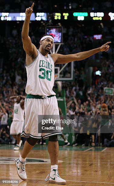 Rasheed Wallace of the Boston Celtics celebrates in the fourth quarter against the Cleveland Cavaliers during Game Six of the Eastern Conference...