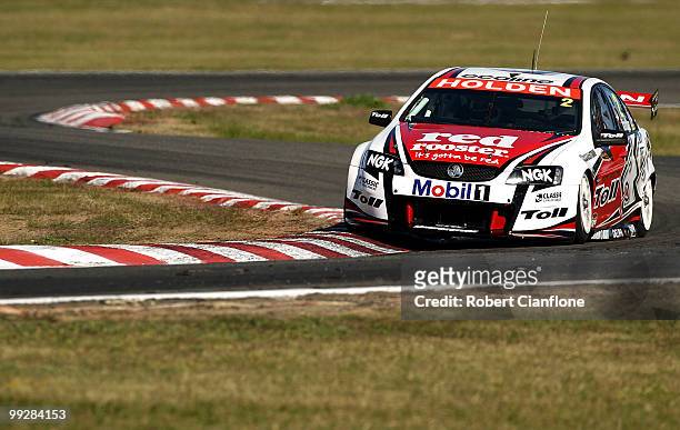 Garth Tander drives the Toll Holden Racing Team Holden during practice for round six of the V8 Supercar Championship Series at Winton Raceway on May...