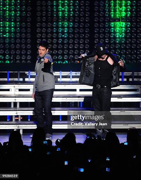 Jonathan Knight and Donnie Wahlberg of New Kids on the Block perform at Fillmore Miami Beach on May 13, 2010 in Miami Beach, Florida.