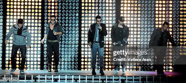 Jonathan Knight, Joey McIntyre, Jordan Knight, Donnie Wahlberg and Danny Wood of New Kids on the Block perform at Fillmore Miami Beach on May 13,...